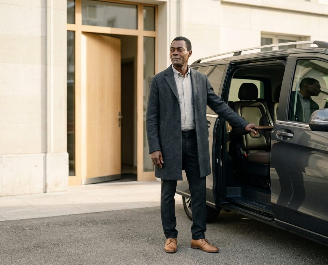 Julien Lavril, fondateur de Swiss Care Driver, devant son véhicule à l'entrée d'un EMS partenaire à Genève