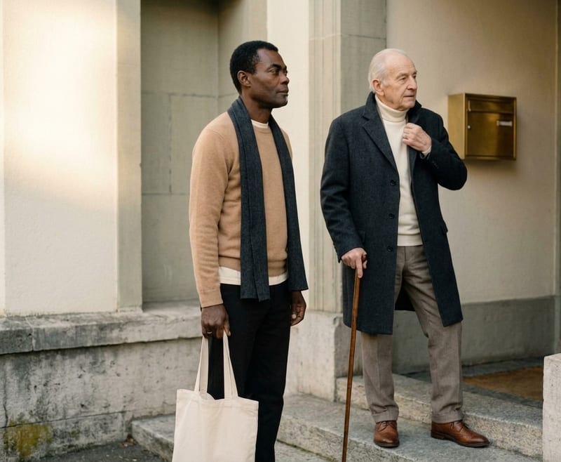 Julien Lavril attend devant un immeuble haussmannien avec un client senior, prêt pour une sortie quotidienne