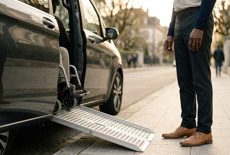 Véhicule Swiss Care Driver avec rampe d'accès déployée pour un transport PMR